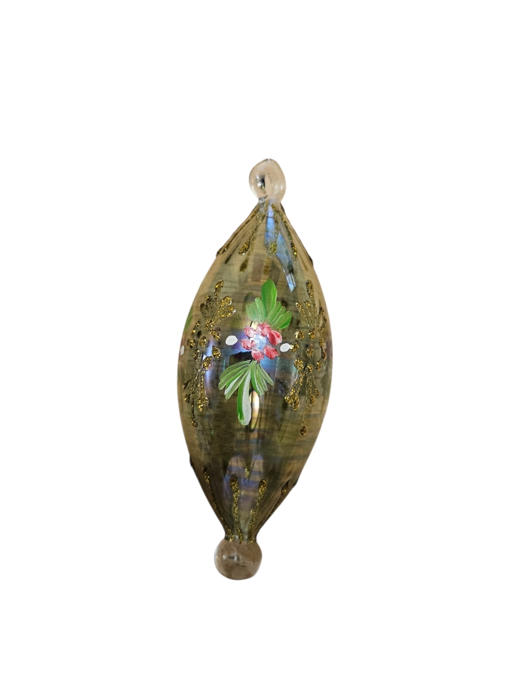 Blown Glass Christmas Ornament 6 Inch Hand Painted Holly Gold Glitter Vintage St